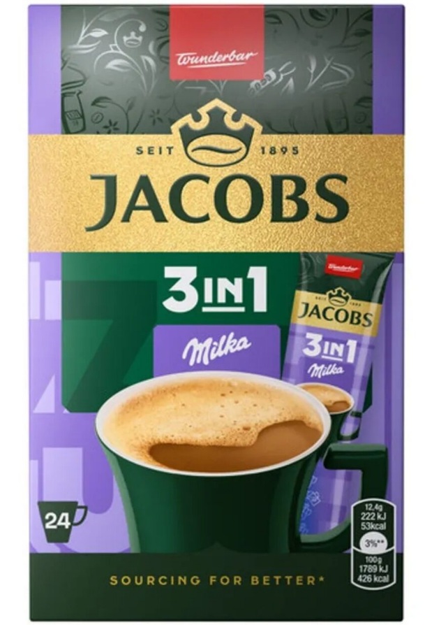 Cafea instant, Jacobs Milka 3 in 1, 24 plicuri