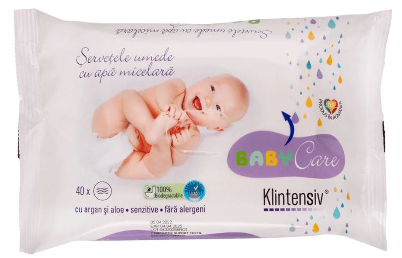 Șervețele umede biodegradabile cu apă micelară, argan și aloe, 40 buc, Klintensiv Baby