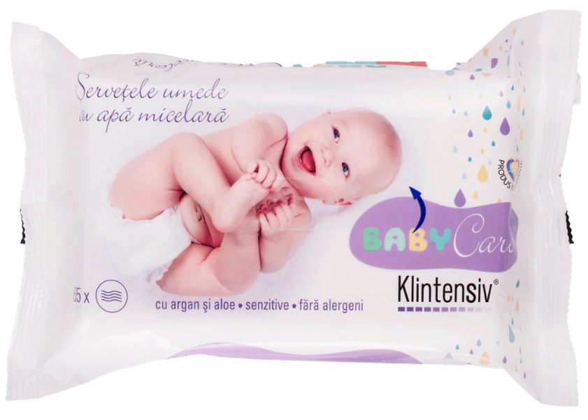 Șervețele umede biodegradabile cu apă micelară, argan și aloe, 65 buc, Klintensiv Baby
