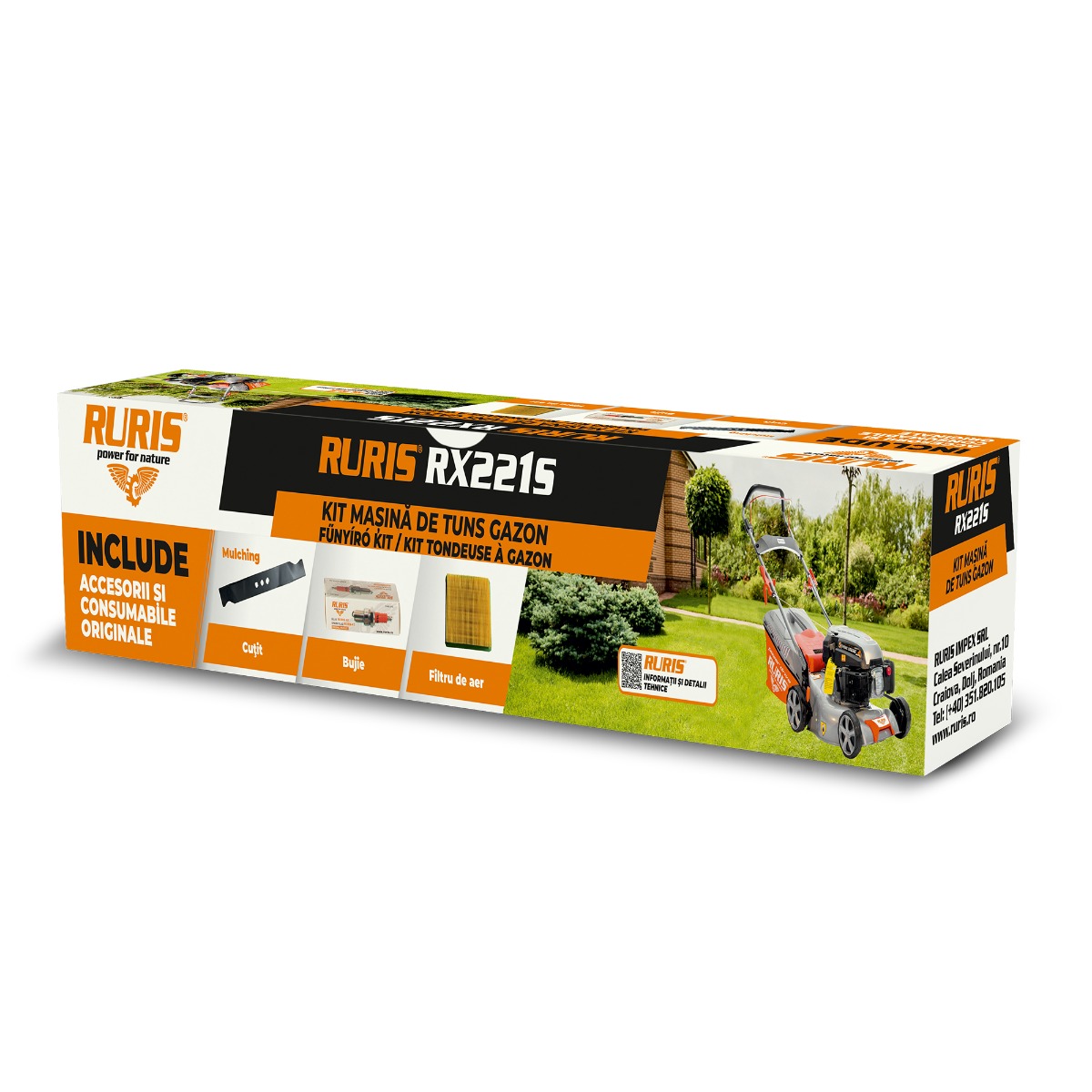 Kit Masina De Tuns Gazon Ruris Rx221S {Cutit Functie Mulching, Filtru Aer, Bujie, Kit Surub}