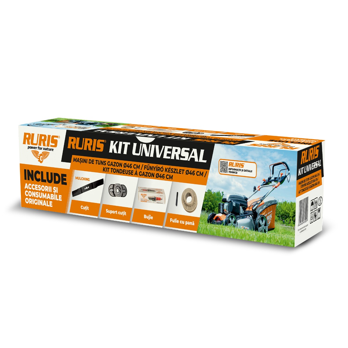 Kit Universal Masini Gazon Cu Diam 46 cm {Cutit Mulching ,Bujie, Adaptor Univ, Adapt Fulie,Kit Surub}