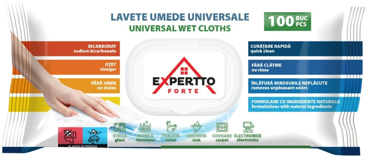 Lavete umede universale cu Bicarbonat si Otet, 100 buc, Expertto Forte