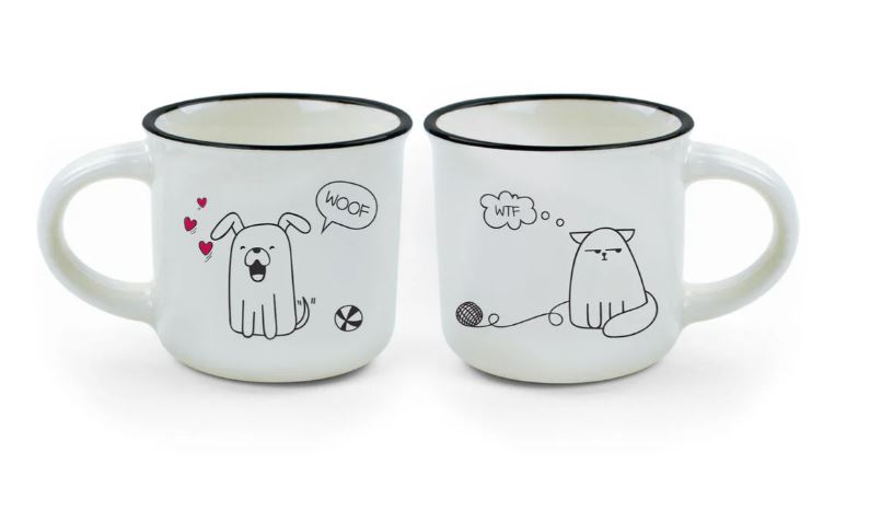 Set 2 cesti de portelan, Espresso pentru doi - Caine si Pisica