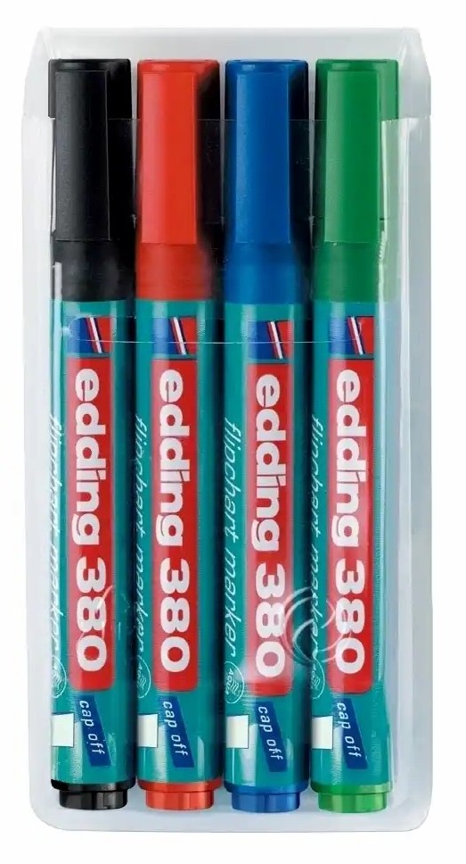 Marker Edding 380 pentru flipchart, varf rotund, 1. 5-3 mm, 4 culori/set