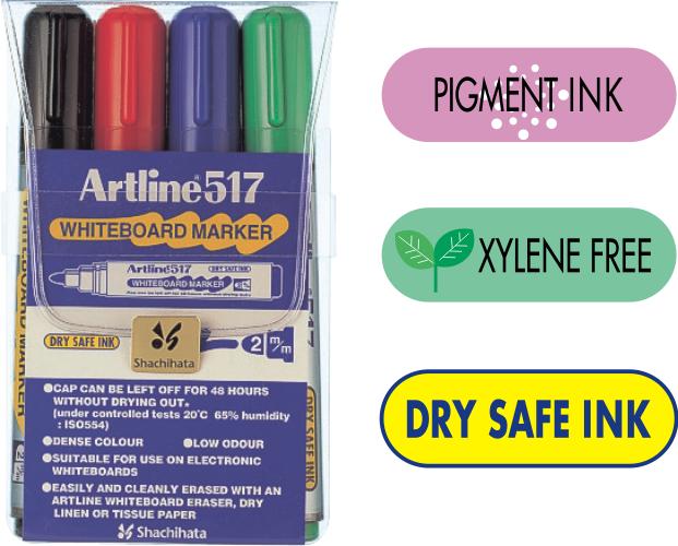 Marker pentru tabla de scris ARTLINE 517 - Dry safe ink 48h, varf rotund 2.0mm, 4 culori/set