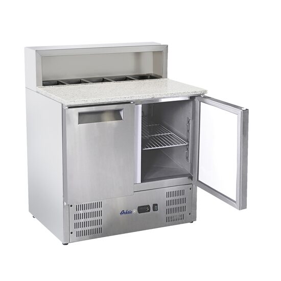 Masa rece cu 2 usi cu suprastructura si blat de lucru din granit, Arktic 900x700x(H)1070 mm