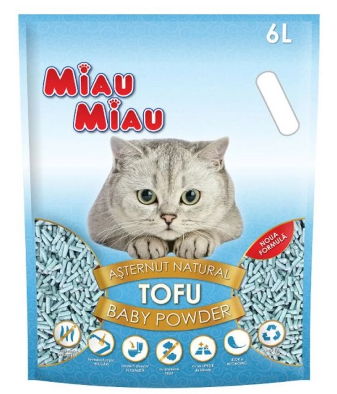 Miau Miau Asternut igienic pentru pisici, Tofu Baby Powder, 6 l
