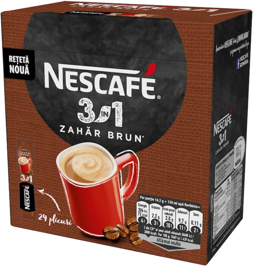 Cafea solubila, Nescafe 3 in 1 Zahar Brun, 16.5g x 24 plicuri