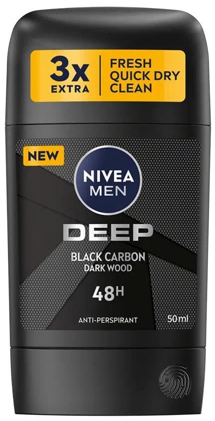 NIVEA MEN DEO STICK 50ML 3X DEEP BLACK CARBON DARK WOOD 48H