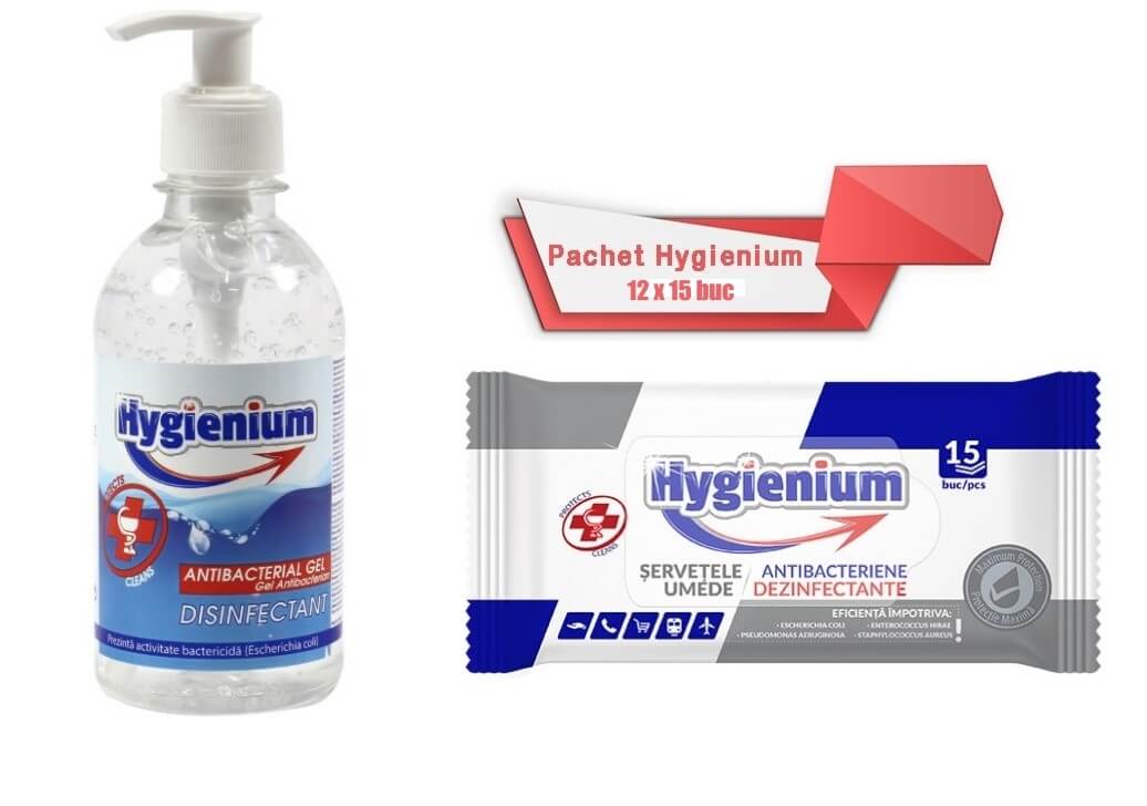 Pachet Hygienium: Gel dezinfectant pentru maini 300 ml + Servetele umede antibacteriene/dezinfectante 12x15 buc