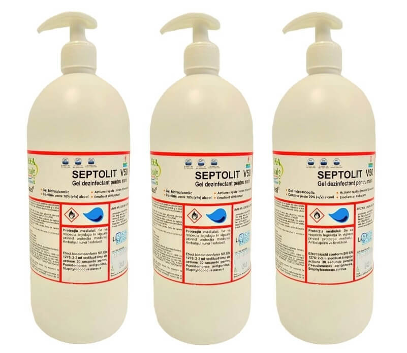 Pachet Septolit V50 Biocid Gel dezinfectant pentru maini, 1L x 3buc
