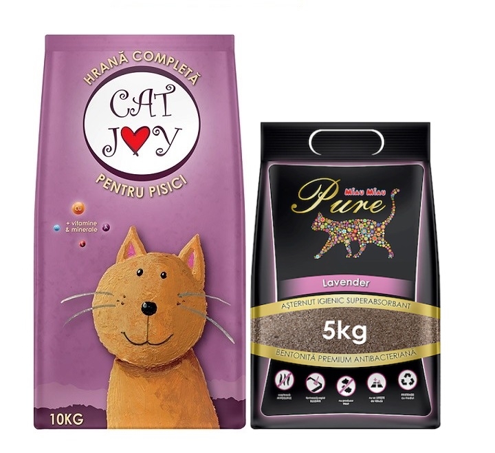 Pachet Hrana uscata pentru pisici cu pasare 10kg, Cat Joy + Nisip Pisici Pure Lavender 5 kg, MIAU MIAU