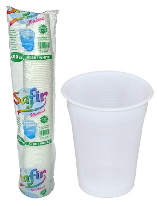 PAHAR PLASTIC ALB 200ML 100 BUC/SET
