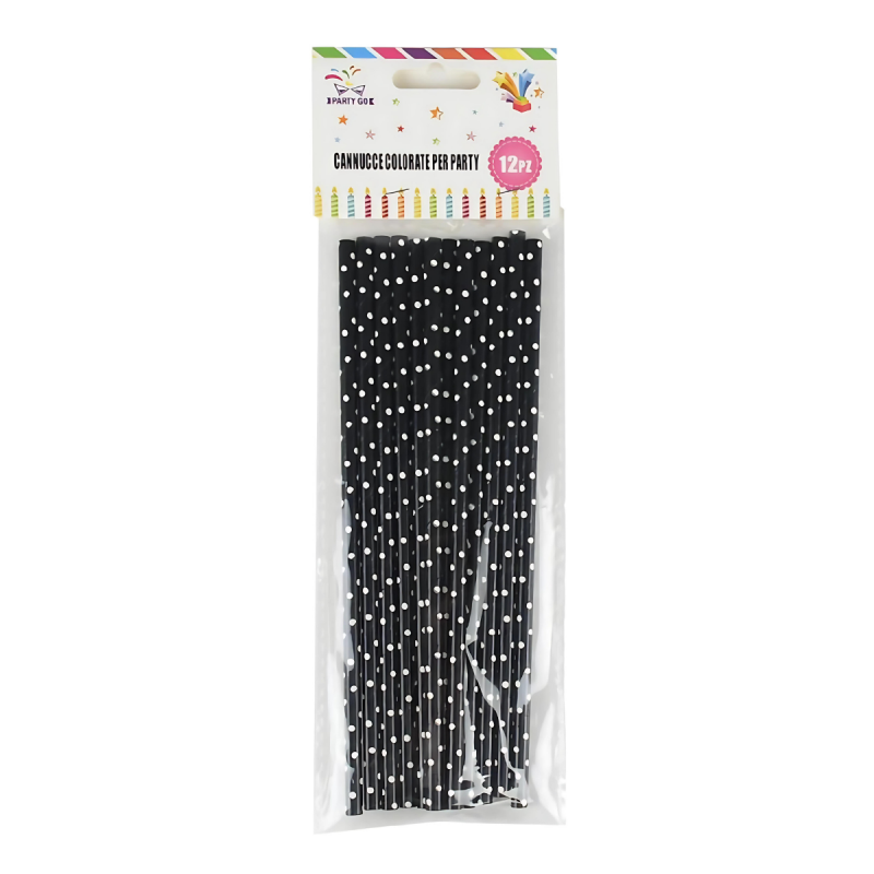 Paie negre cu bulie albe 20cm, PartyGo, BK0007, set 12 buc
