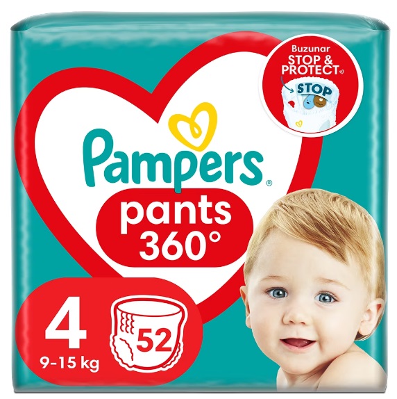 Scutece tip chilotel marimea 4 9-15 kg, 52 bucati, Pampers - Pants 360