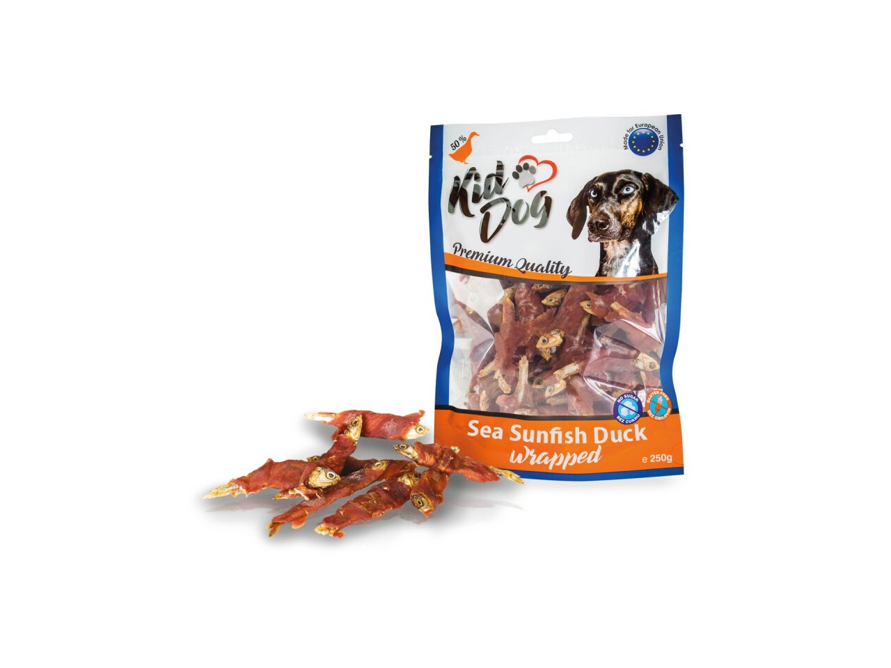 KidDog Recompense Pentru Caini, Pesti Inveliti Cu Carne De Rata, 250 g, A04660