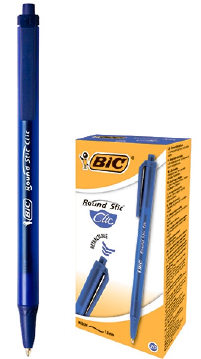Pix cu bila Bic Roundstic Clic, 1.0mm, cu mecanism, corp semitransparent in culoarea scrisului, albastru