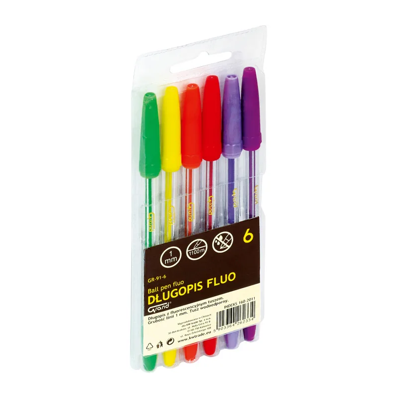 Pix cu bila Grand 160-2011, 1.0mm, cu capac, corp transparent, blister 6 culori (verde, galben, orange, rosu, mov, ciclam)