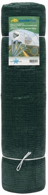 Plasa pentru umbrire, polietilena HDPE pura, MESTERINO 35085035, 8 m X 50 m, grad de umbrire 35%, densitate 35g/mp, verde inchis, protectie UV/IR