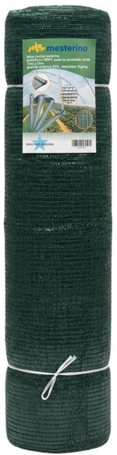 Plasa pentru umbrire, polietilena HDPE pura, MESTERINO 50085050, 8 m X 50 m, grad de umbrire 50%, densitate 50g/mp, verde inchis, protectie UV/IR