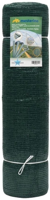 Plasa pentru umbrire, polietilena HDPE pura, MESTERINO 50125050, 12 m X 50 m, grad de umbrire 50%, densitate 50g/mp, verde inchis, protectie UV/IR