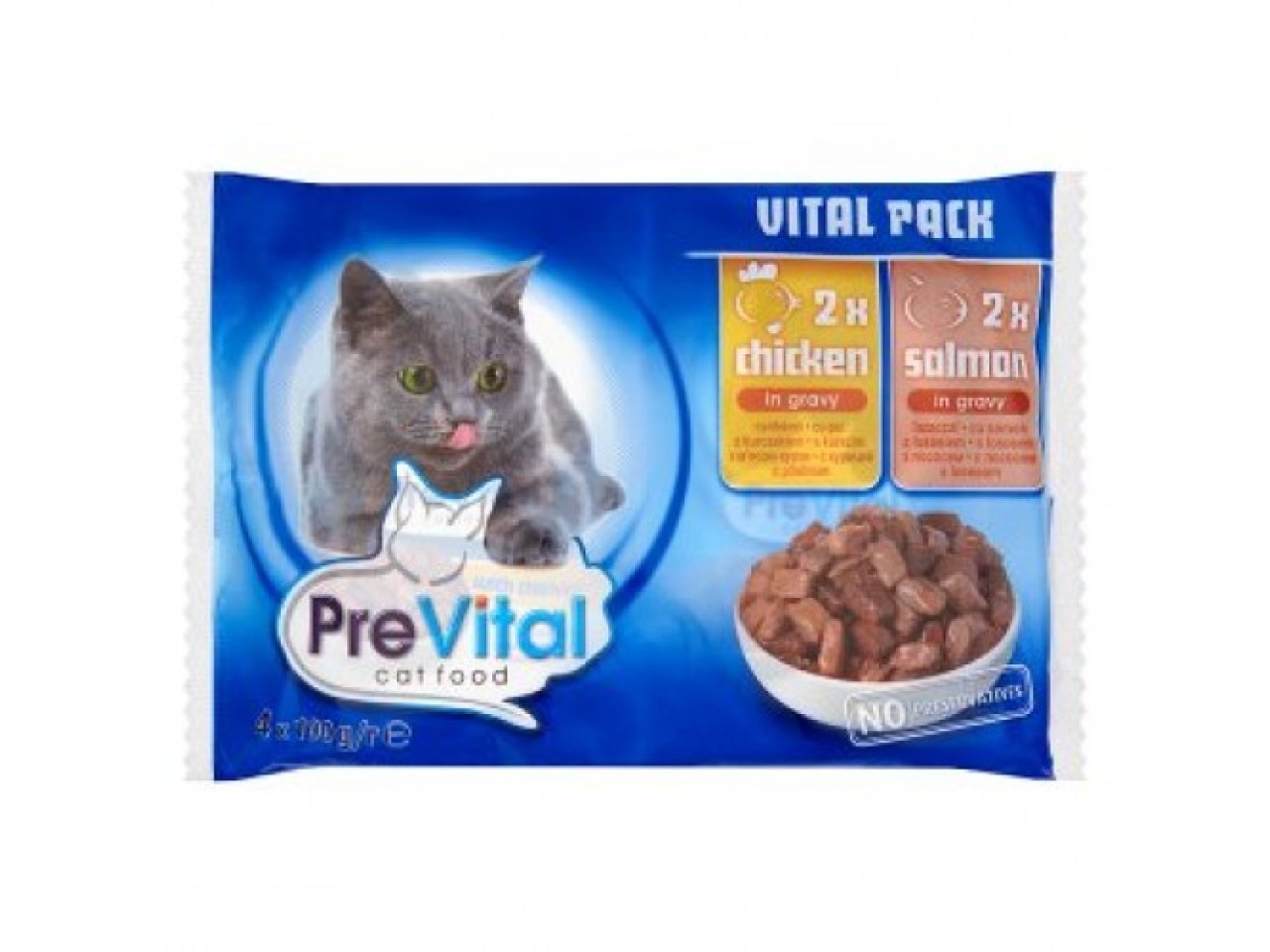 PreVital Hrana Umeda Pentru Pisici, Prevital Vital Pack, Cu Pui Si Somon In Sos, 4x100 g