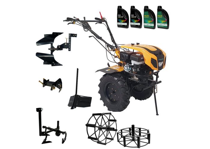 ProGARDEN Pachet Campo 1844 Motocultor 18CP + Plug bilonat + Plug reversibil + Prasitoare + Adaptor + 2 roti metalice 540x170 + 4L Ulei