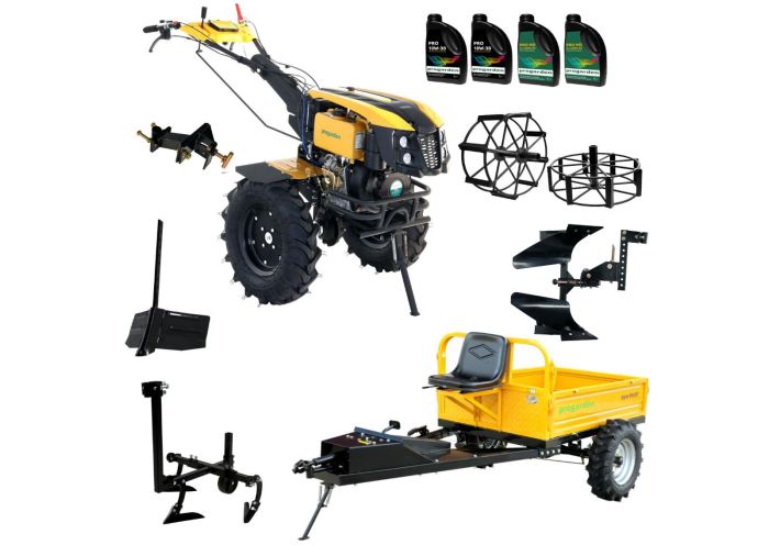 ProGARDEN Pachet Campo 1273 Alpine V2, Motocultor 12CP + PRS20-45 Prasitoare + Remorca RM500T+ Plug bilonat/rarita + Plug reversibil + Adaptor + 2 Roti metalice 540x170 + 4 L ulei