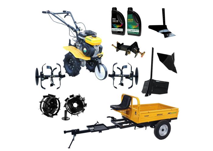 ProGARDEN Pachet Campo 703 Motocultor 7CP + Remorca RM500C + Plug simplu + 2xPlug bilonat/rarita + Adaptor + 2 Roti metalice 350x6 + 2L Ulei
