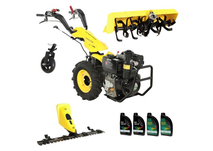 ProGARDEN Pachet Campo U12E Motocultor 12CP + BC120M Bara cosire 120cm + Roata sustinere + FT90 Freza tractata 90cm + 4L Ulei