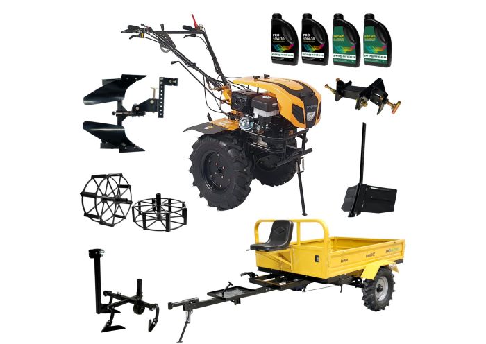 ProGARDEN Pachet Campo 1844 Motocultor 18CP + Remorca RM600C + Plug bilonat + Plug reversibil + Prasitoare + Adaptor + 2 roti metalice 540x170 + 4L Ulei