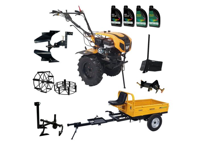 ProGARDEN Pachet Campo 1844 Motocultor 18CP + Remorca RM500C + Plug bilonat + Plug reversibil + Prasitoare + Adaptor + 2 Roti metalice 540x170 + 4L Ulei
