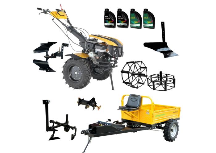 ProGARDEN Pachet Campo 1873 Alpine V2 Motocultor 18CP + RM500T Remorca + 2xPlug + Prasitoare + Adaptor + 2xRoti metalice 540x170 + 4L Ulei