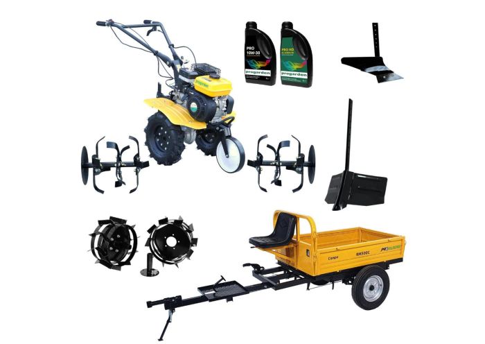 ProGARDEN Pachet Campo 703 Motocultor 7CP + Remorca RM500C + Plug simplu + Plug bilonat/rarita + 2 Roti metalice 350x6 + 2L Ulei