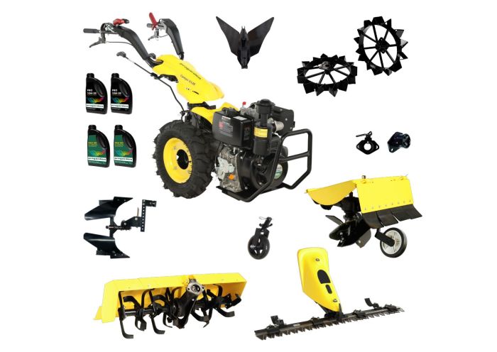 ProGARDEN Pachet Campo U12E Motocultor 12CP + BC120M Bara cosire + 3xPlug + FT90 Freza tractata + 2xRoti metalice RM47 + 2xCuple + 4L Ulei