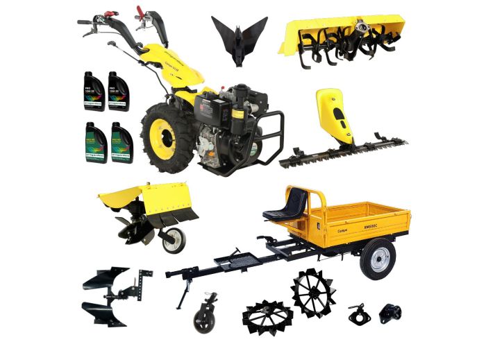 ProGARDEN Pachet Campo U12E Motocultor 12CP + RM500C Remorca 500Kg + BC120M Bara cosire + 3xPlug + FT90 Freza tractata + 2xRoti metalice RM47 + 2xCuple + 4L Ulei