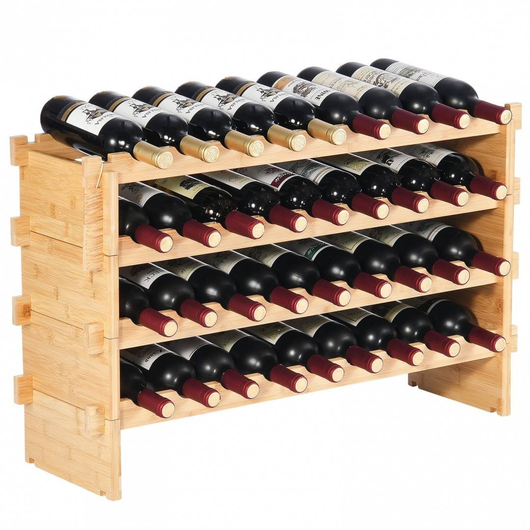 Raft pentru 36 de sticle de vin, Stivuibil, 4 niveluri, Vivatechnix Modular, 850x250x525 mm, Lemn bambus, Maro
