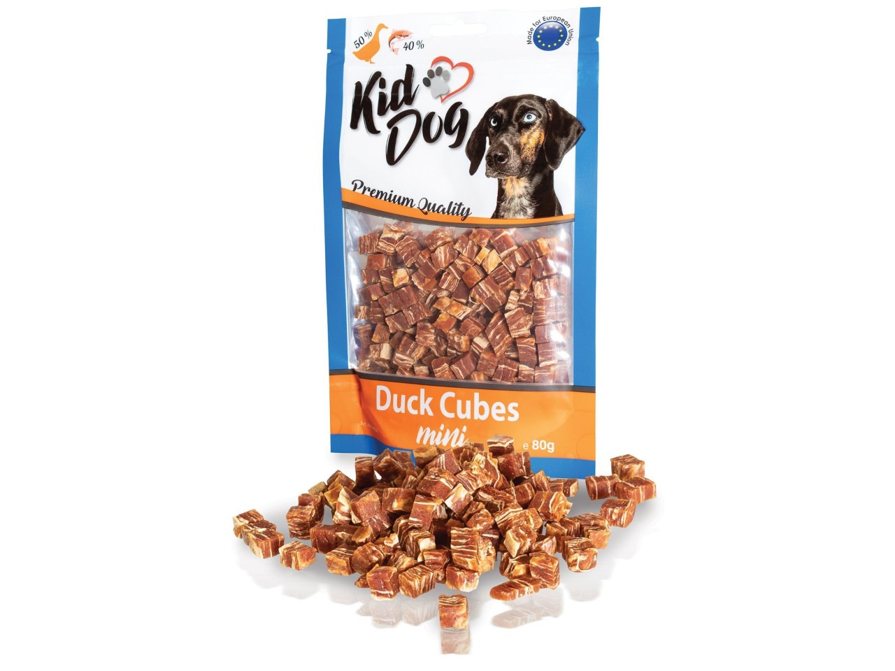 KidDog Recompense Pentru Caini, Mini Cuburi Din Carne De Rata Si Cod, 80 g, A04658