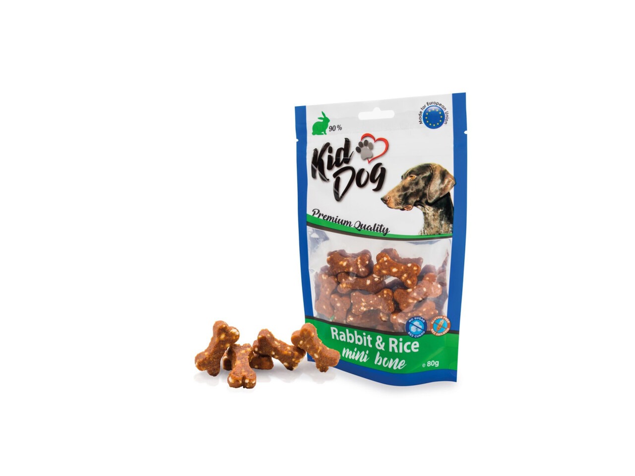 KidDog Recompense Pentru Caini, Mini Oase Cu Iepure Si Orez, 80 g, A04820