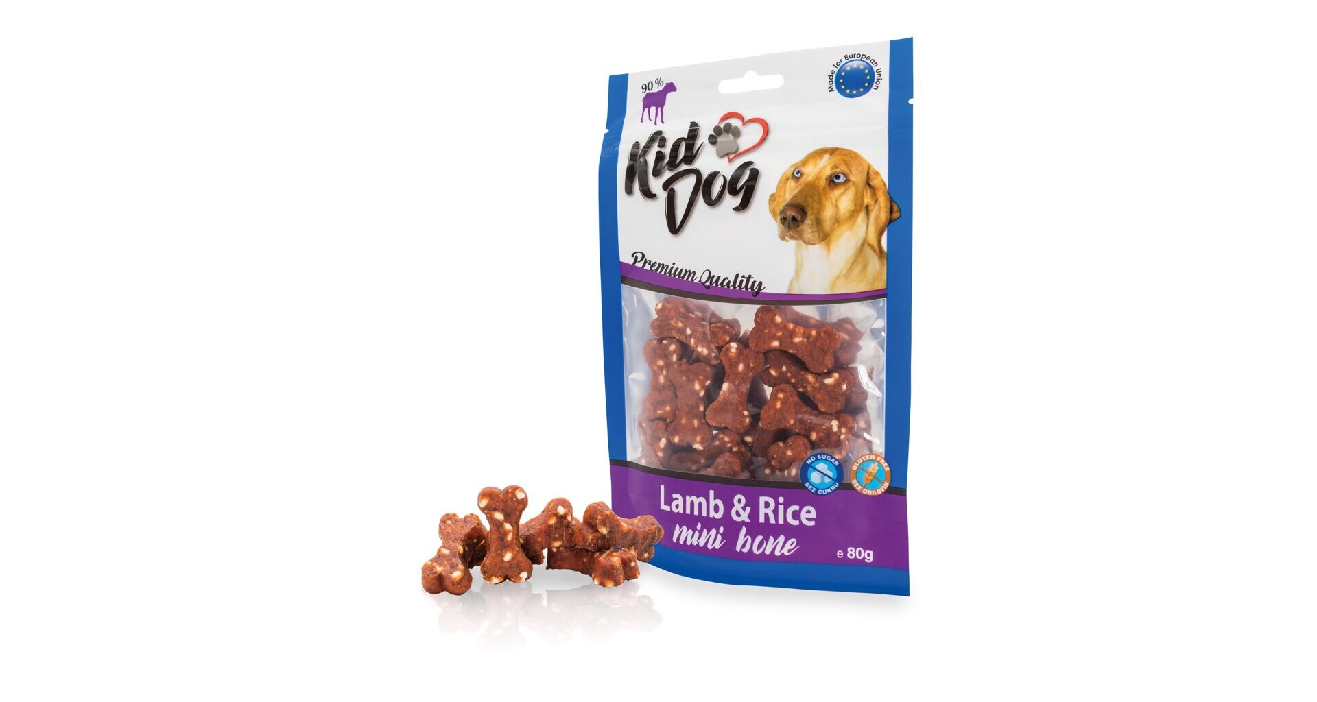 KidDog Recompense Pentru Caini, Mini Oase Cu Miel Si Orez, 80 g, A04720