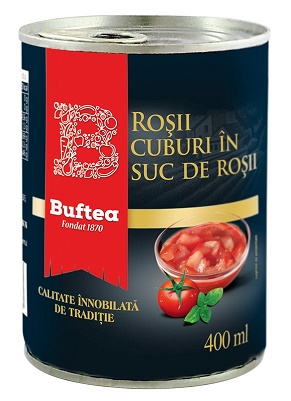 Rosii decojite cuburi in suc de rosii, 400 ml, Buftea