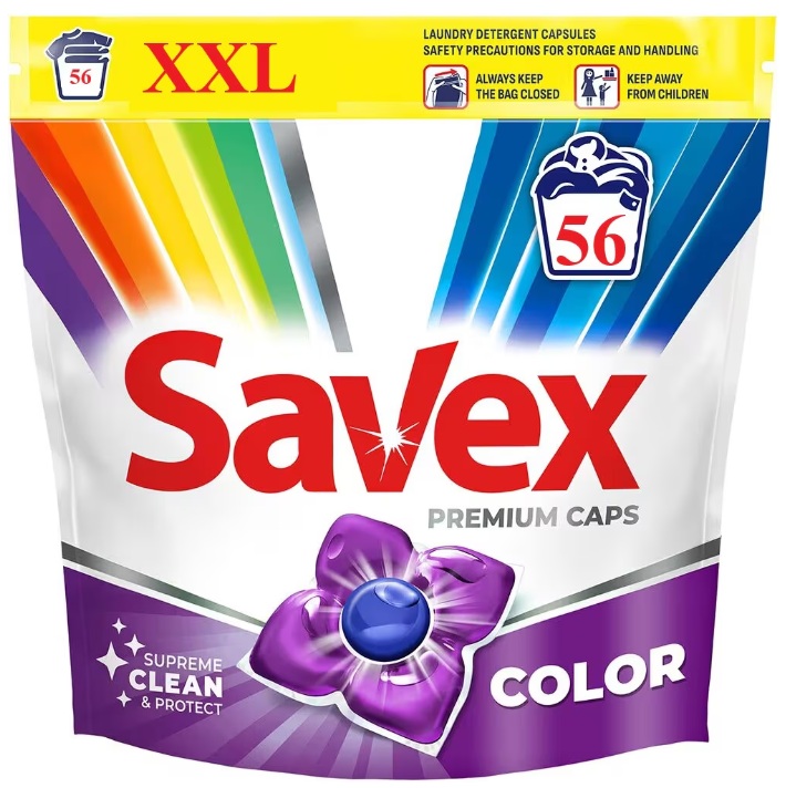 Detergent de rufe capsule Savex Premium Caps Color, curatare puternica, 56 capsule