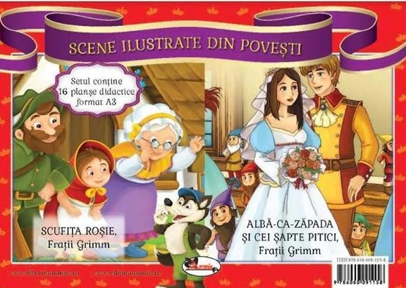 Scufita Rosie. Alba ca zapada si cei sapte pitici. Scene ilustrate din povesti (set de planse)