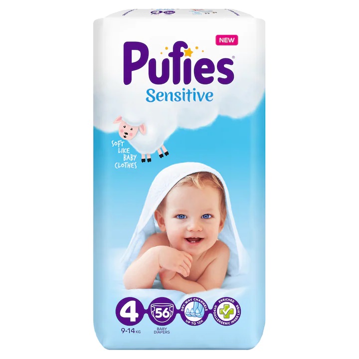 PUFIES SENSITIVE SCUTECE BEBE 4 MAXI 9-14KG (MAXI PACK) 56BUC