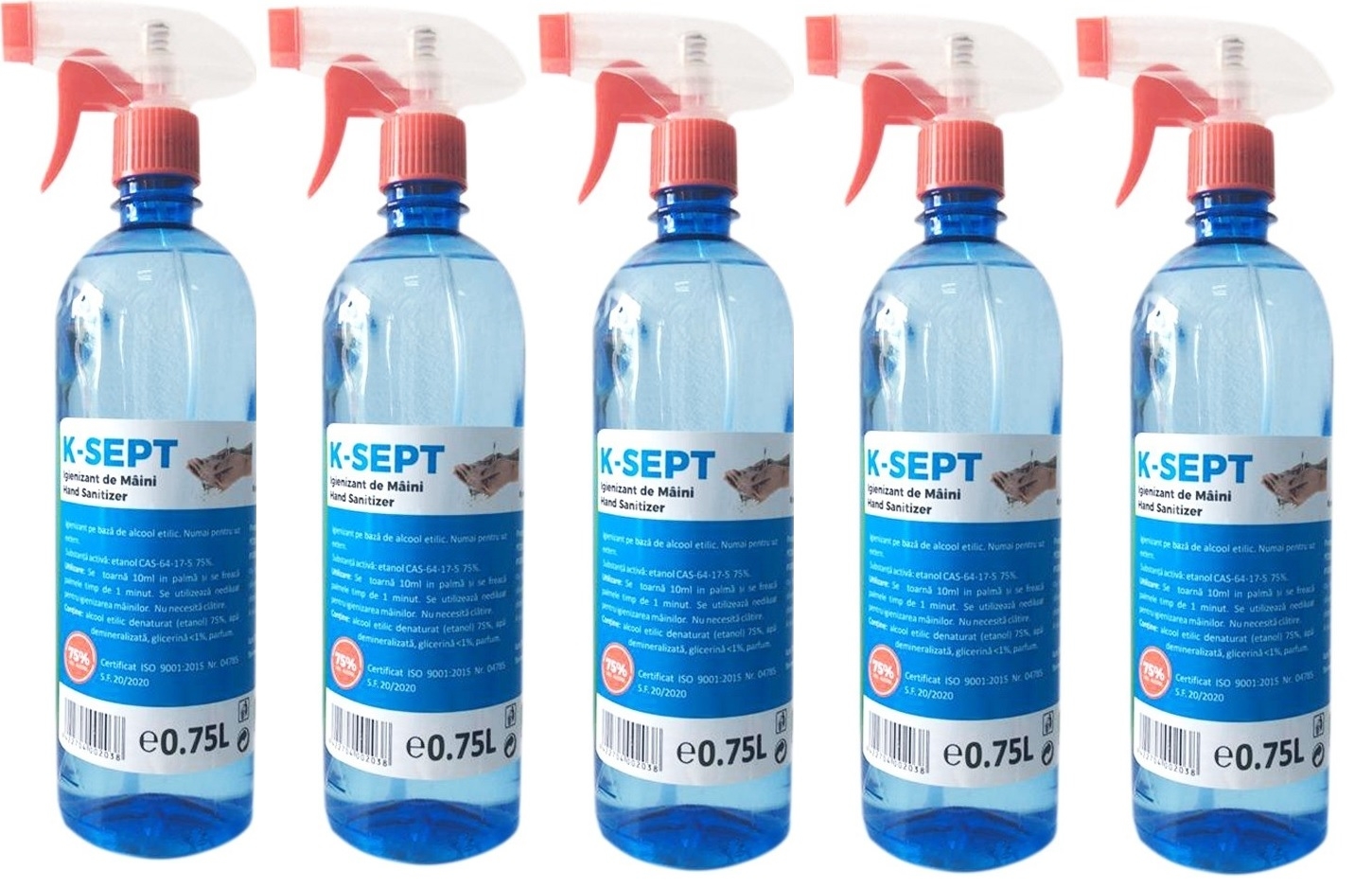 Pachet K-SEPT Virucid Dezinfectant de maini pe baza de alcool 75% cu pulverizator, 750 ml x 5 buc