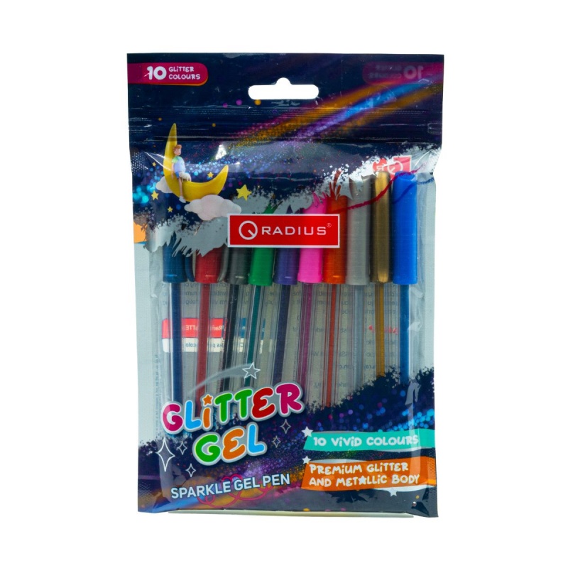 Set 10x Pix cu gel Radius Glitter Gel, 1.0mm, cu capac, corp transparent, blister 10 culori cu sclipici