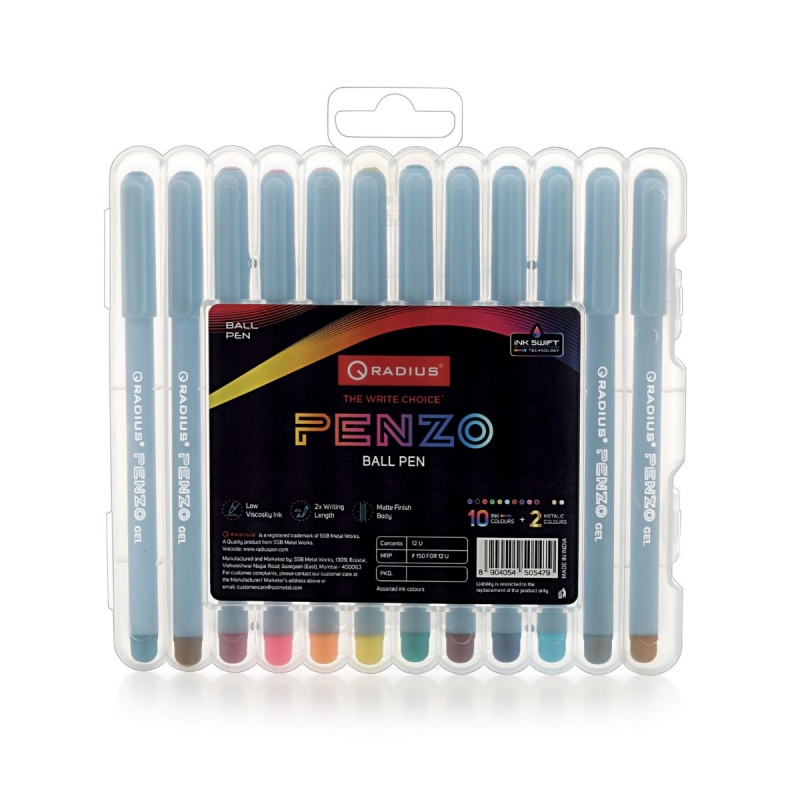 Set 10x Pix cu gel Radius Penzo, 1.0mm, cu capac, corp transparent, blister 12 culori