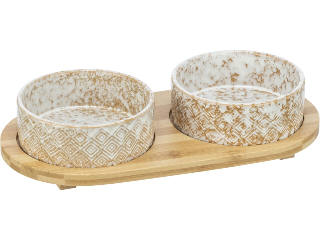 Trixie Set 2 Castroane Ceramice Cu Suport Din Bambus, 2x0.3 l/ø 12 cm/30x6x15 cm, Alb/Maro Deschis, 24828