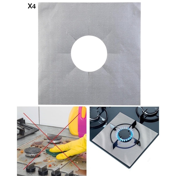 Set 4 folii de protectie pentru aragaz, Je cherche une idee, Fibra de sticla/Textil, 27x27cm, Gri