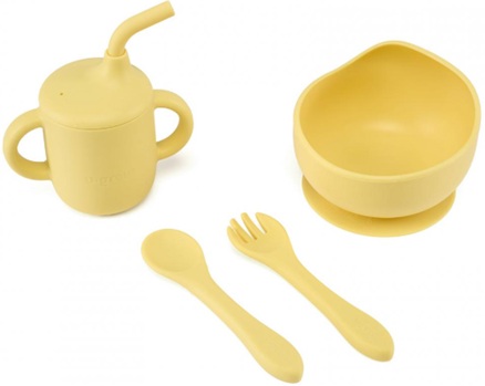 Set 4 piese diversificare din silicon: Cana cu pai, bol , lingurita si furculita, galben, U-Grow